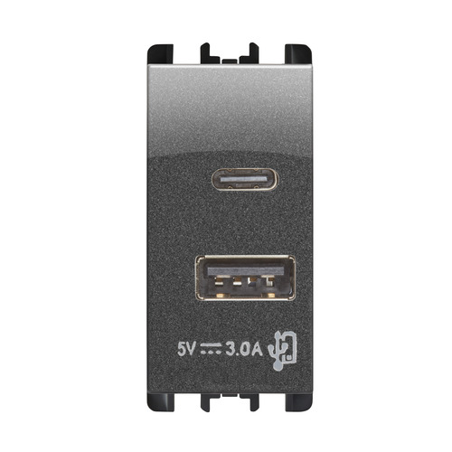 Unità di alimentazione con due uscite USB Tipo "A" e Tipo "C", 1 modulo, 5V 3.0A, 100-230V, Nea, acciaio scuro