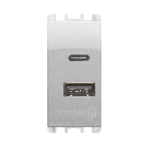 Unità di alimentazione con due uscite USB Tipo "A" e Tipo "C", 1 modulo, 5V 3.0A, 100-230V, Nea, alluminio