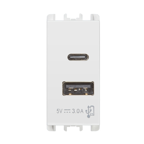 Unità di alimentazione con due uscite USB Tipo "A" e Tipo "C", 1 modulo, 5V 3.0A, 100-230V, Nea, bianco