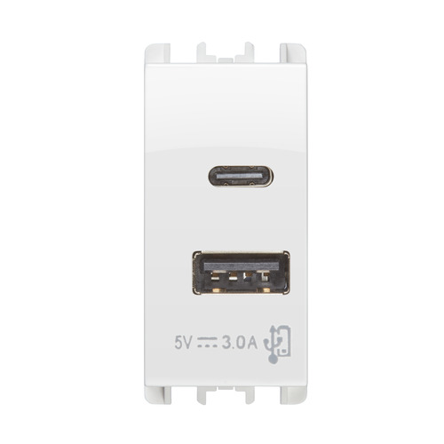 Unità di alimentazione con due uscite USB Tipo "A" e Tipo "C", 1 modulo, 5V 3.0A, 100-230V, Nea, bianco ghiaccio