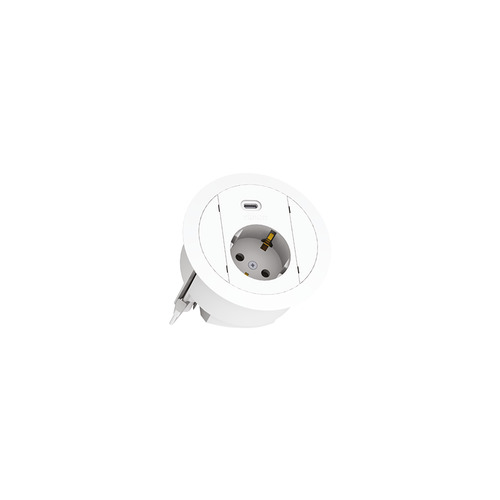 Kit Round con presa schuko 2P+T 16A-250V, USB 2.1A Tipo C, bianco